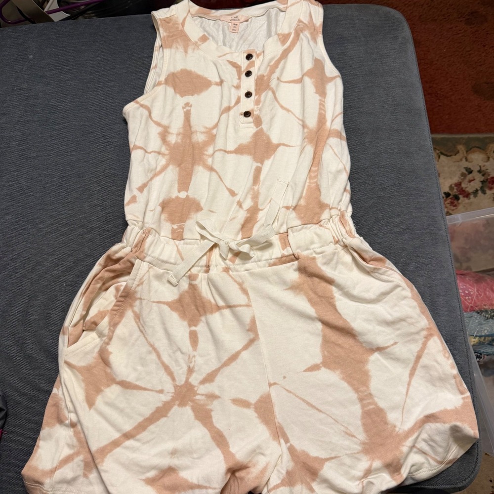Como Vintage Tan Tie Dye Henley Romper Sleeveless Drawstring Waist Small